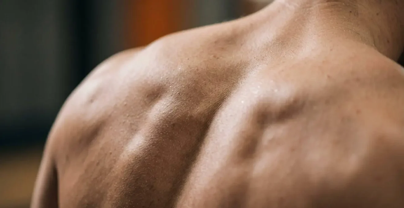 Macro detail of shoulder and upper back muscle engagement during active hang exercise