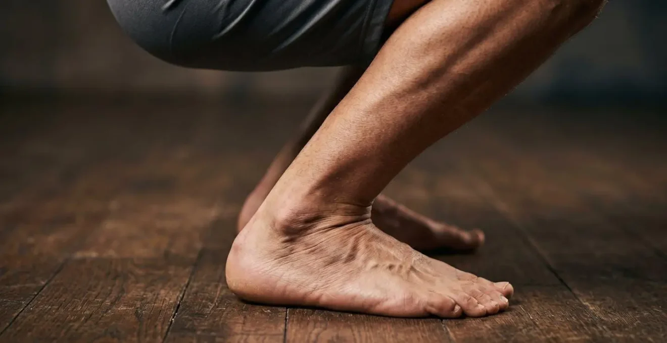 Close-up view of feet and lower legs demonstrating proper ankle dorsiflexion during a deep squat movement
