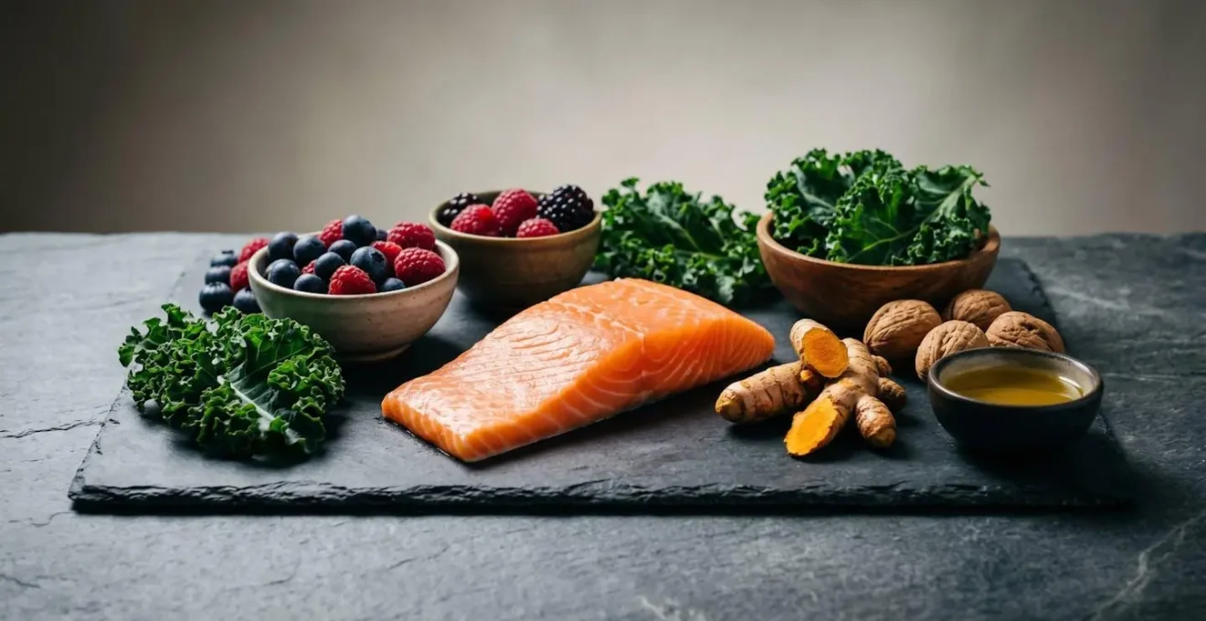Artistic arrangement of anti-inflammatory British ingredients including salmon, berries, and leafy greens on natural surface