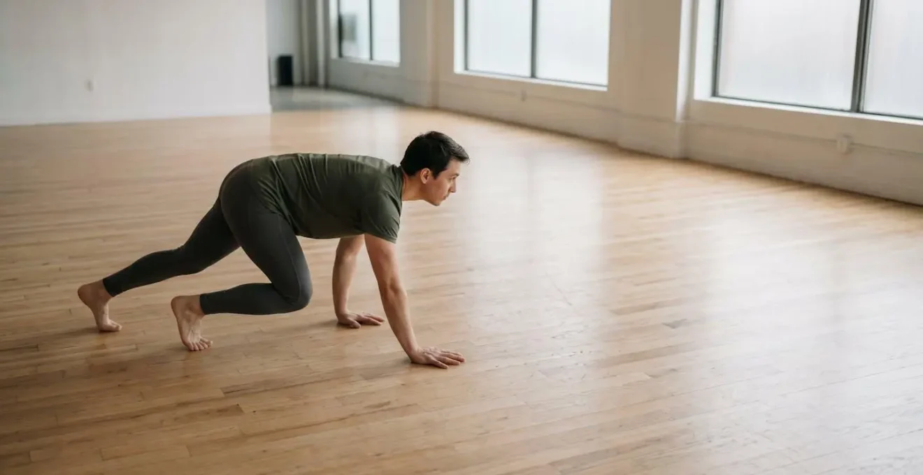Wide-angle view of person performing bear crawl exercise in minimalist gym environment demonstrating core engagement and cross-lateral movement