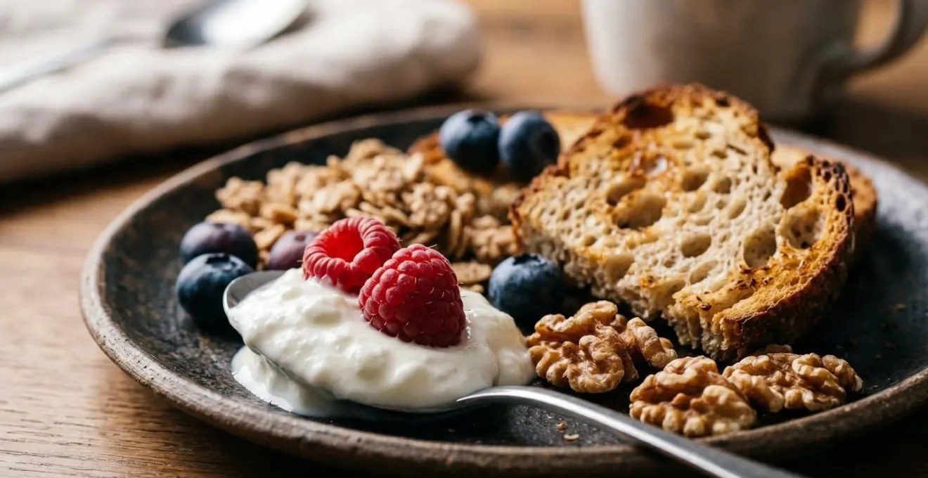 Extreme close-up of traditional British breakfast ingredients showing textural contrast between refined and whole foods