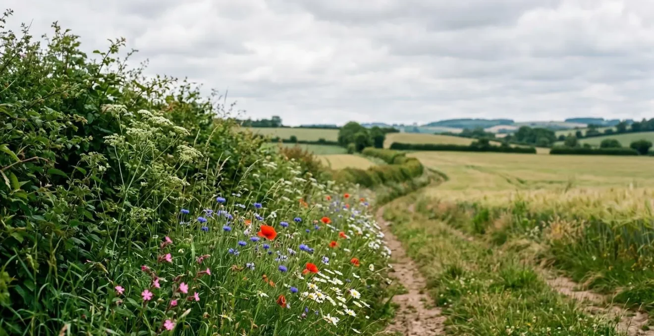 A traditional British hedgerow with wildflowers along an organic farm field margin showing natural biodiversity