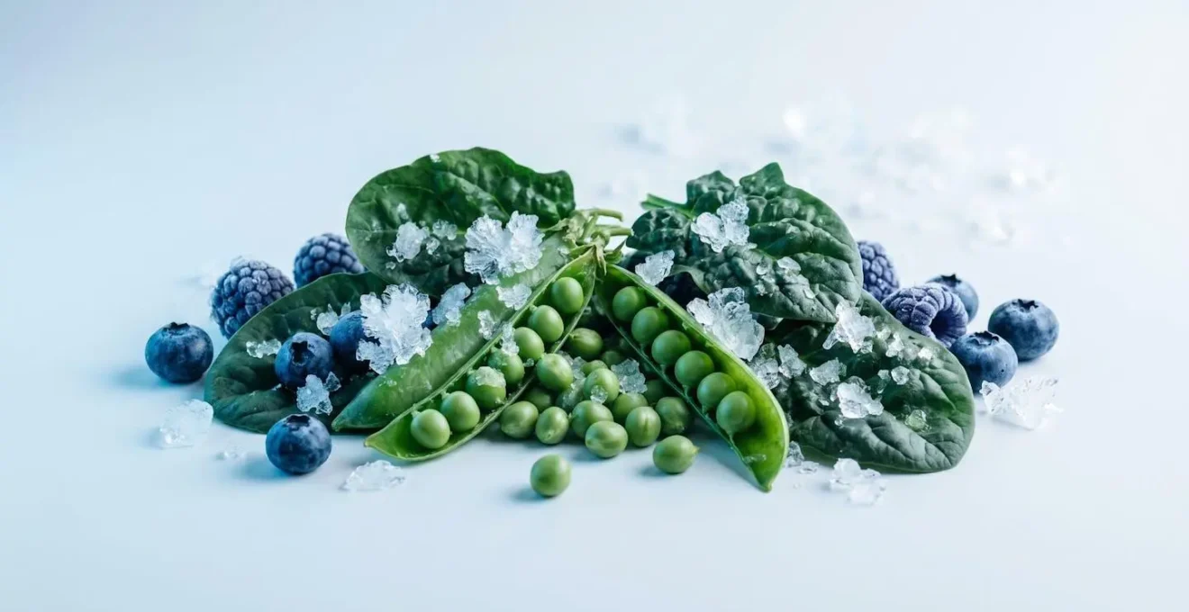 Organic frozen vegetables in a modern freezer aisle showcasing budget-friendly healthy options