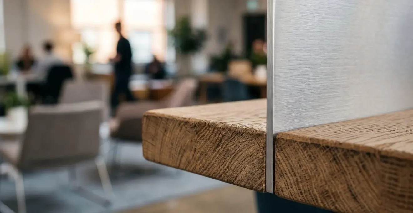 Interior macro view of modern coworking space showing textural details of workspace materials and collaborative design elements