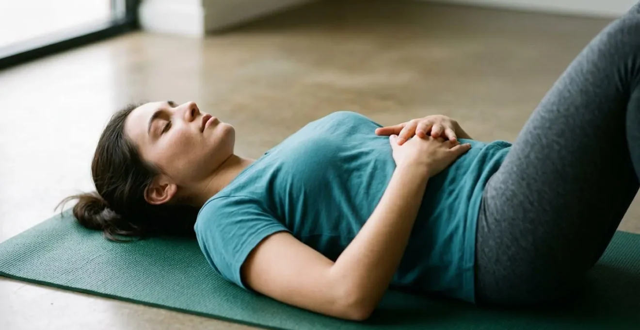 Person performing focused breathing exercise demonstrating proper diaphragmatic technique for core stability