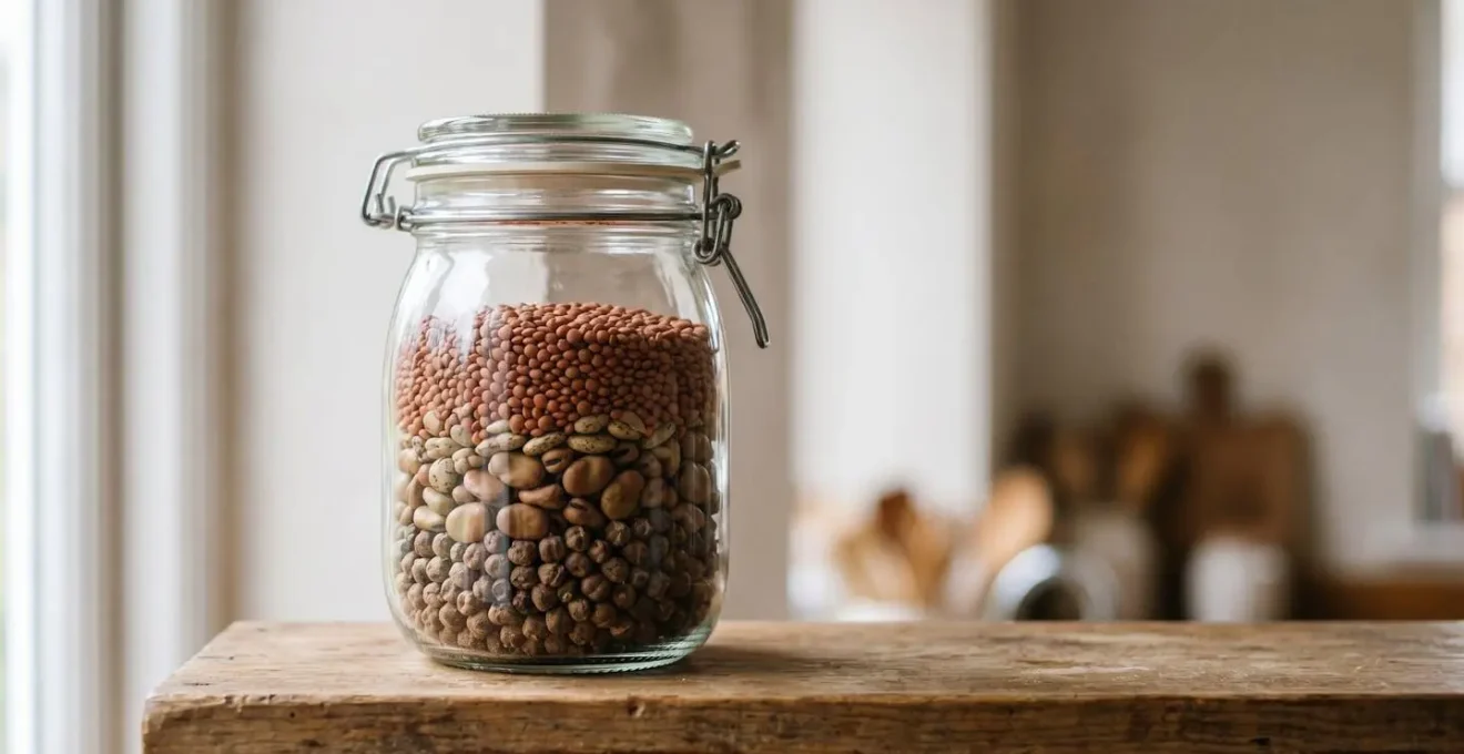 Close-up of various dried British pulses and beans in clear glass storage jar on kitchen shelf