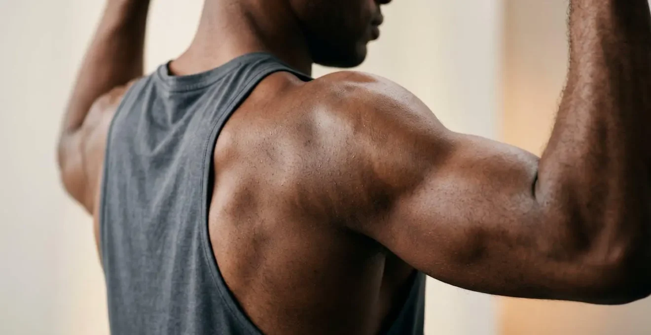 Close-up detail of shoulder and elbow positioning during pressing movement with proper scapular retraction