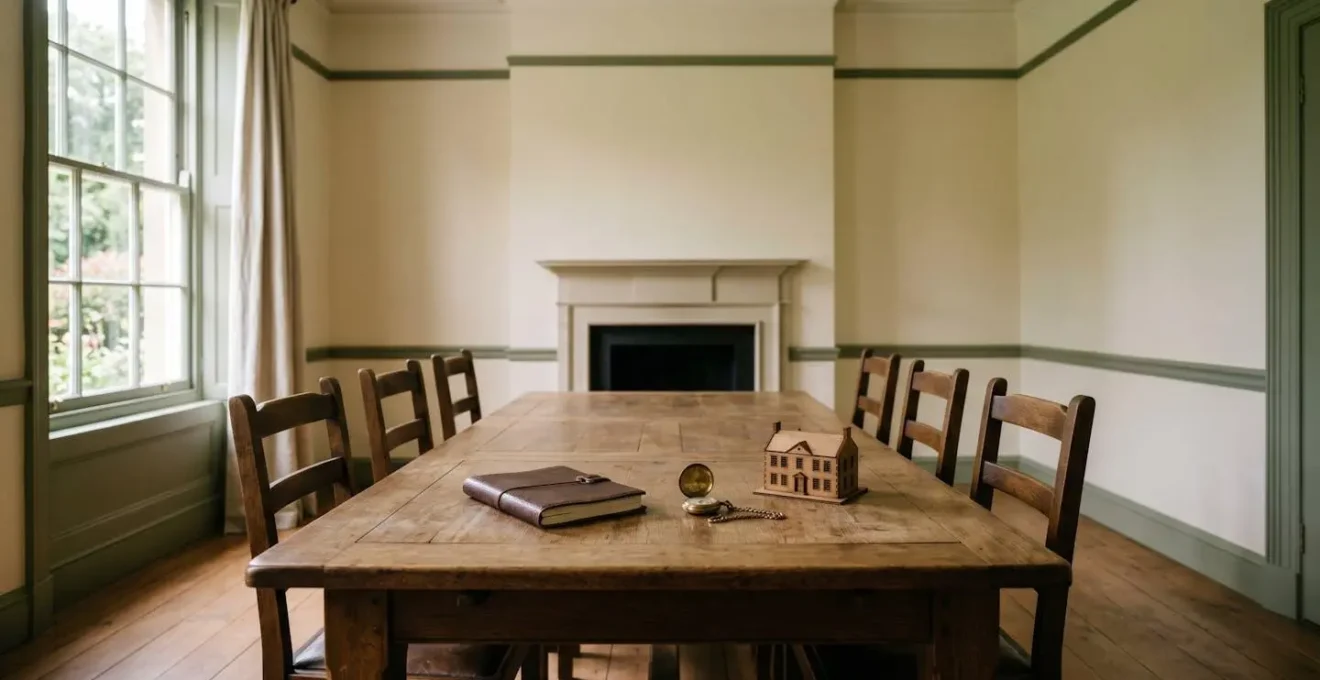 A minimalist composition showing a family dining table with a notebook and architectural model, symbolizing legacy and wealth preservation.