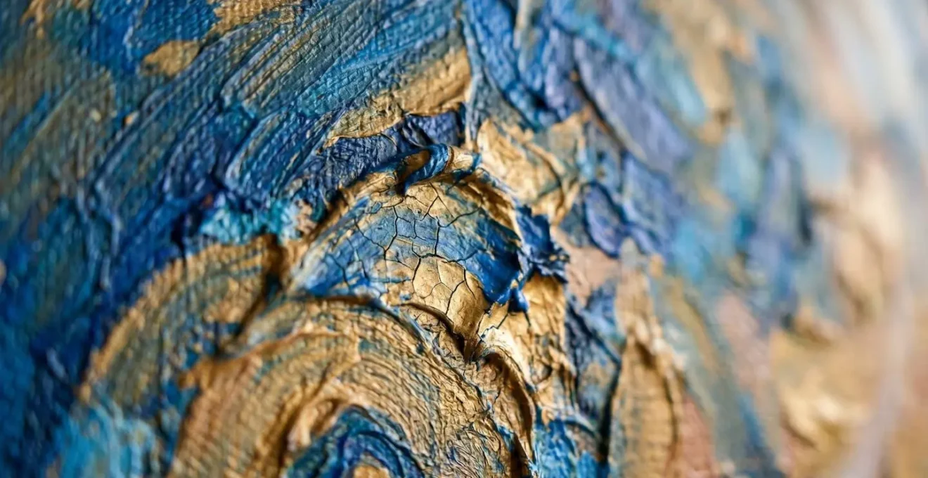 Extreme close-up detail of fine art painting texture and brushwork symbolizing investment value