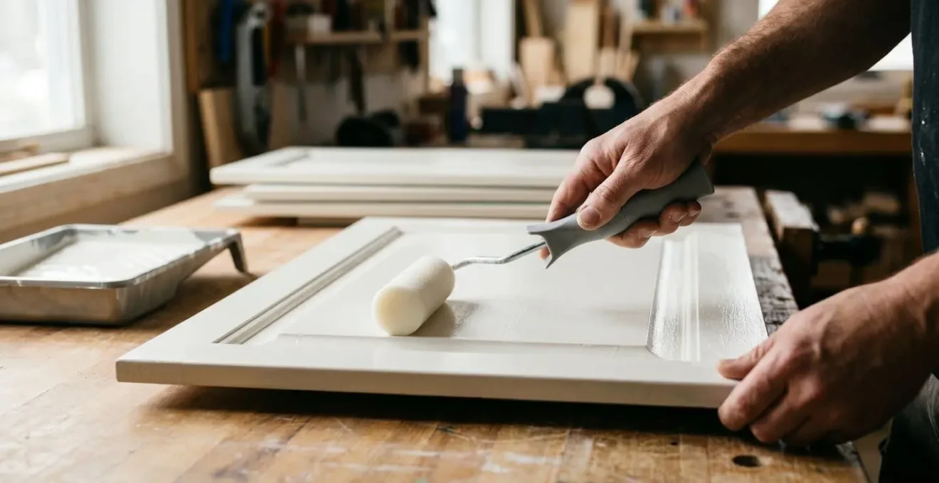 Professional DIY scene showing foam roller applying smooth paint coat to cabinet door on horizontal work surface