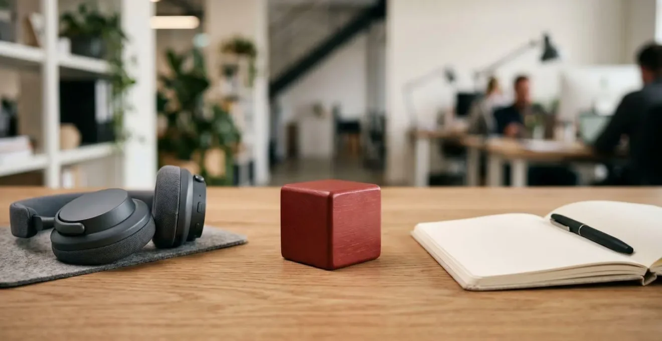 Minimalist desk setup with subtle visual focus indicator showing do not disturb status in professional office environment