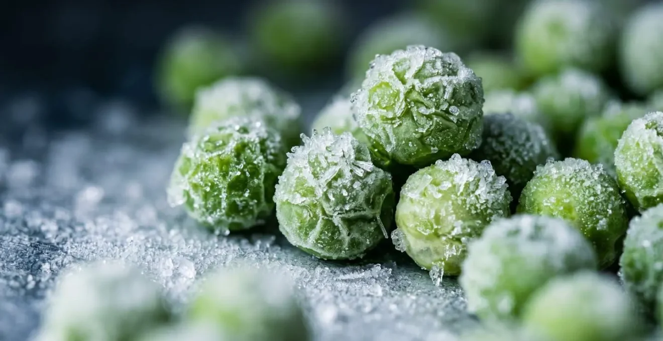 Extreme close-up of frozen British peas with visible frost crystals and natural texture