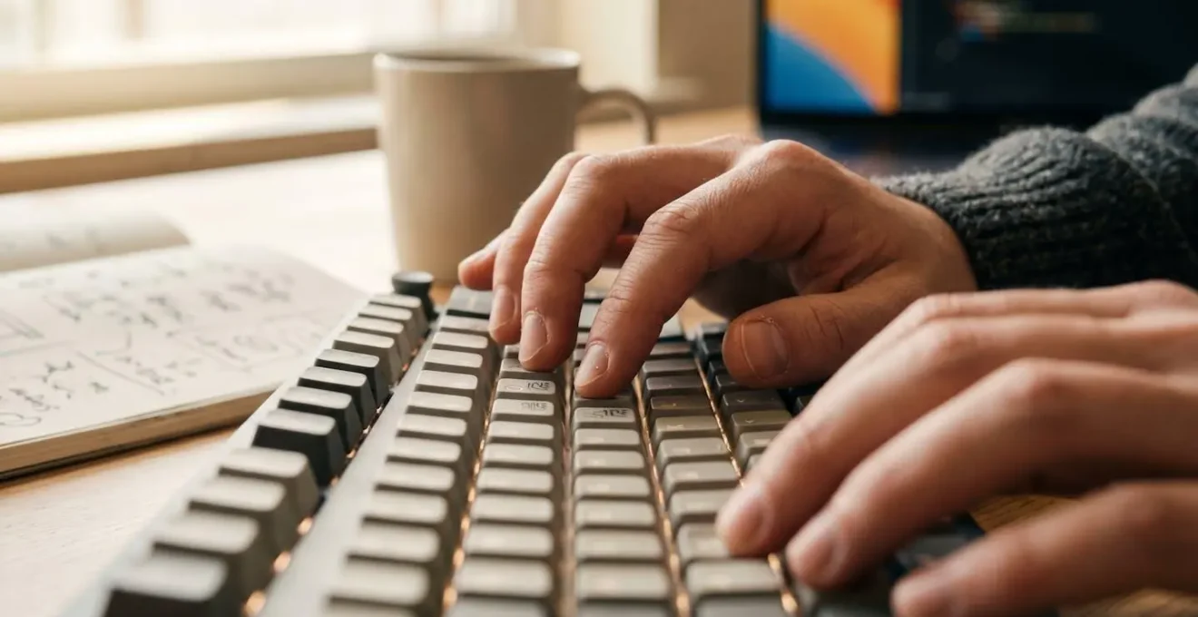 Close-up of hands coding on a laptop with project documentation and notes in a UK workspace