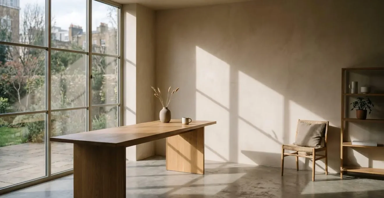Wide-angle view of minimalist workspace bathed in natural window light with atmospheric blue tones