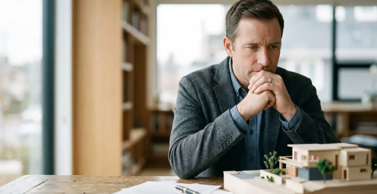 Real estate investor reviewing property portfolio exit options in contemplative setting