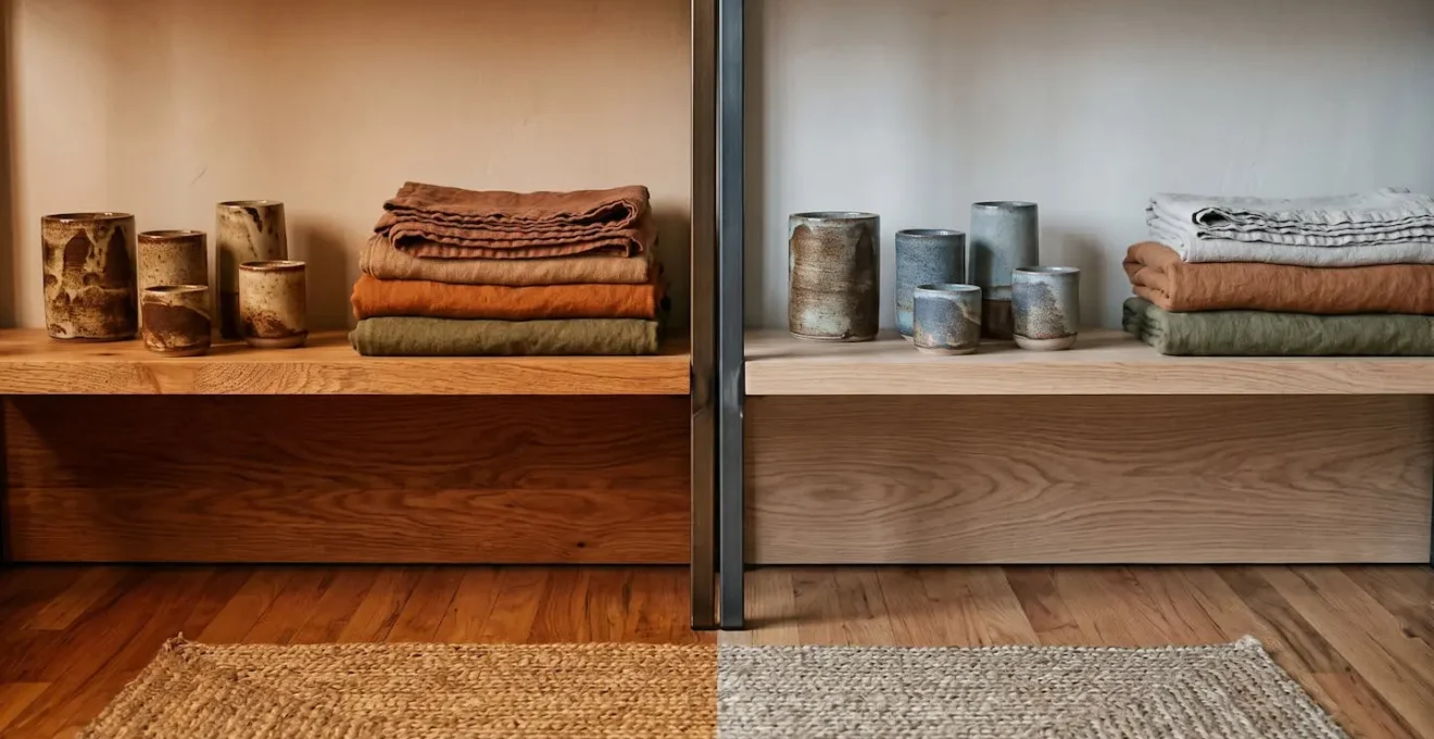 Side-by-side visual demonstration of warm 2700K and cool 4000K lighting effects on interior design materials and ambiance