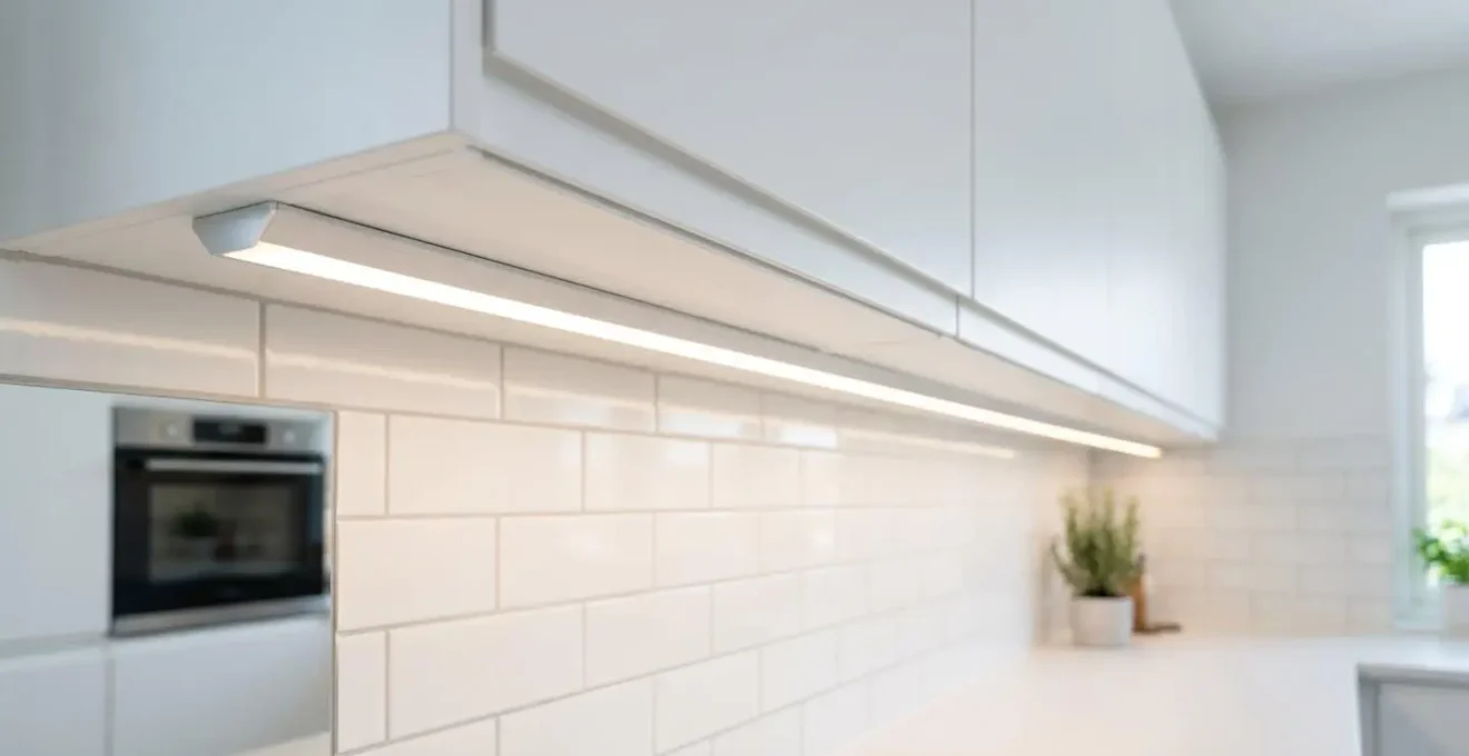 Clean architectural detail showing LED strip light installed in aluminum diffuser channel creating uniform glow under kitchen cabinet