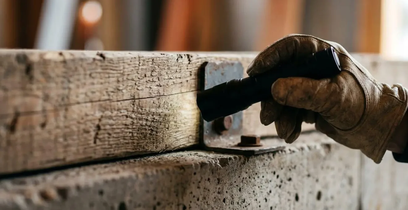 Close-up inspection of building structural elements showing quality assessment
