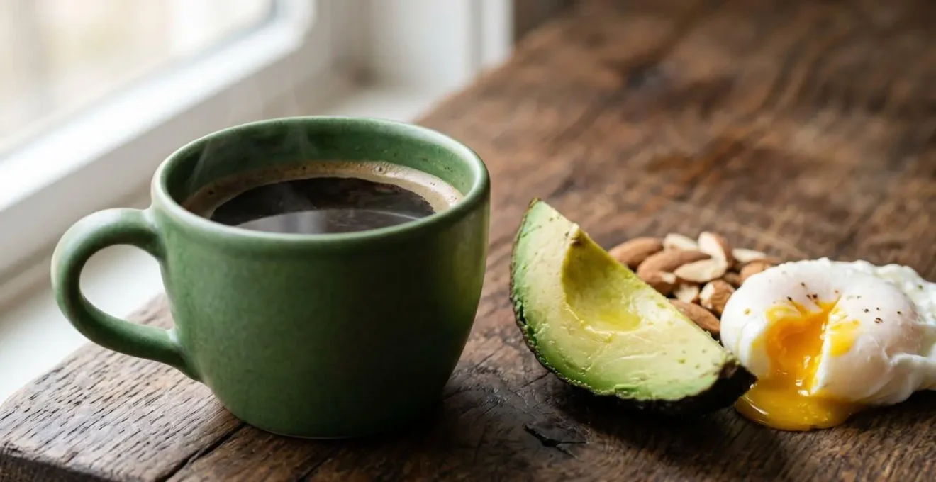 Coffee cup accompanied by protein-rich breakfast on a natural wood surface with morning light