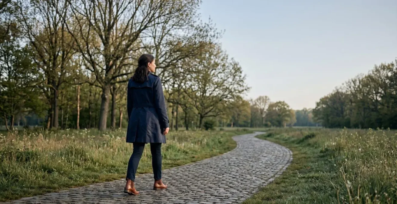 Person in professional attire taking a mindful morning walk in natural outdoor environment before starting work