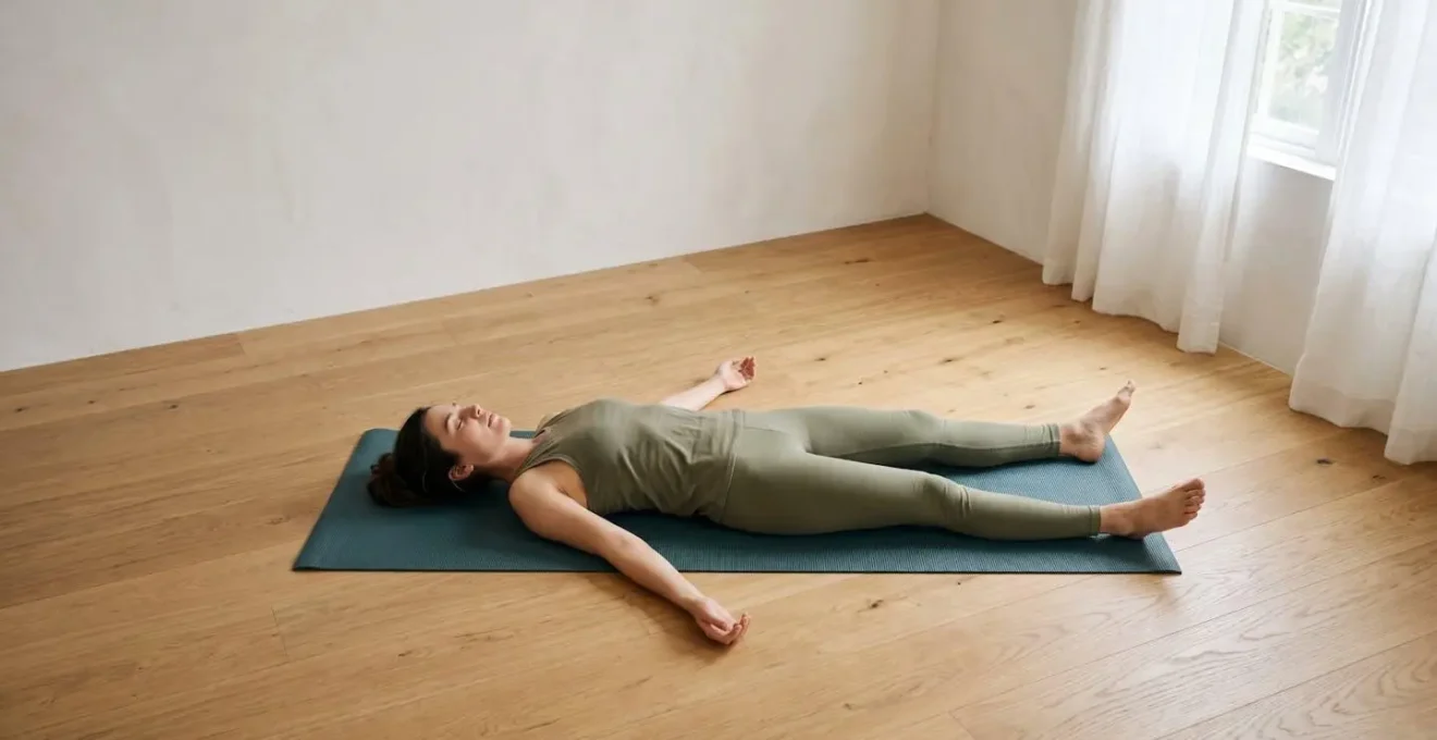 Person lying in savasana pose on yoga mat in minimalist home environment with natural light