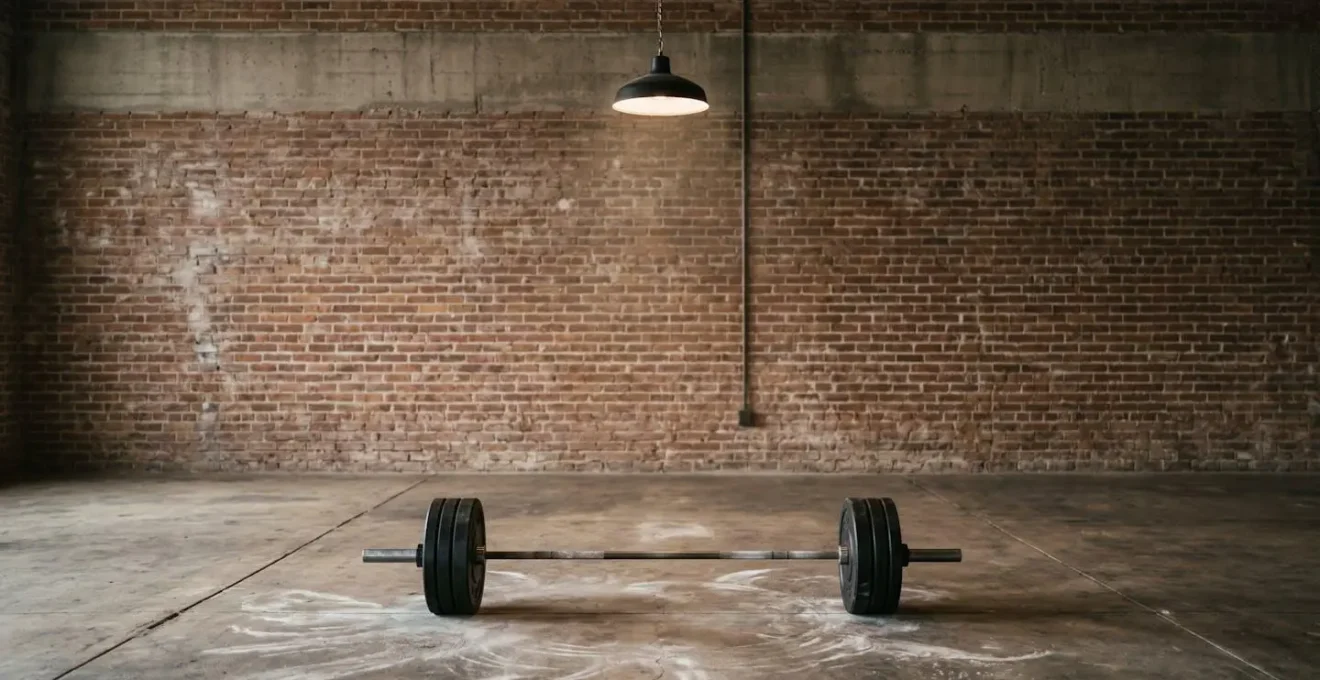 Wide shot of minimalist training facility with Olympic barbell and weight plates in atmospheric lighting