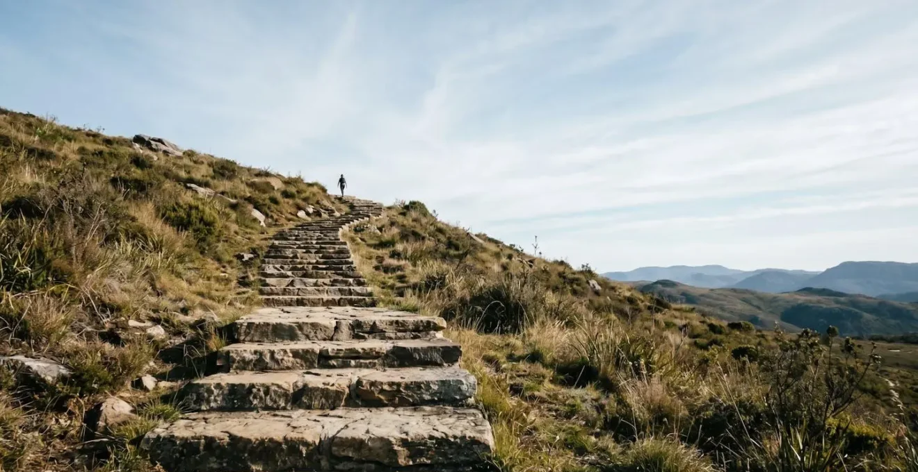 Minimalist environmental composition showing ascending path representing the long-term progression from linear gains through periodization models