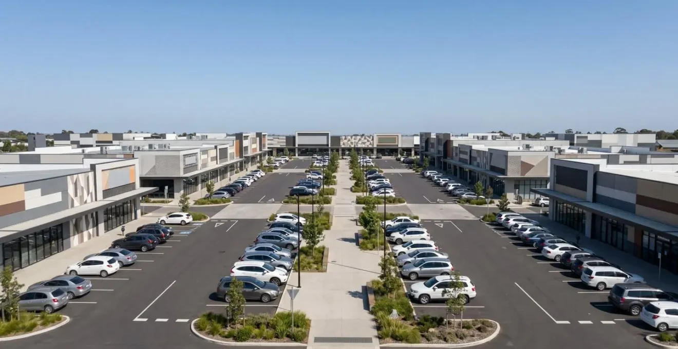 Aerial perspective of a modern retail park with ample parking and pedestrian pathways showing consumer preference shift