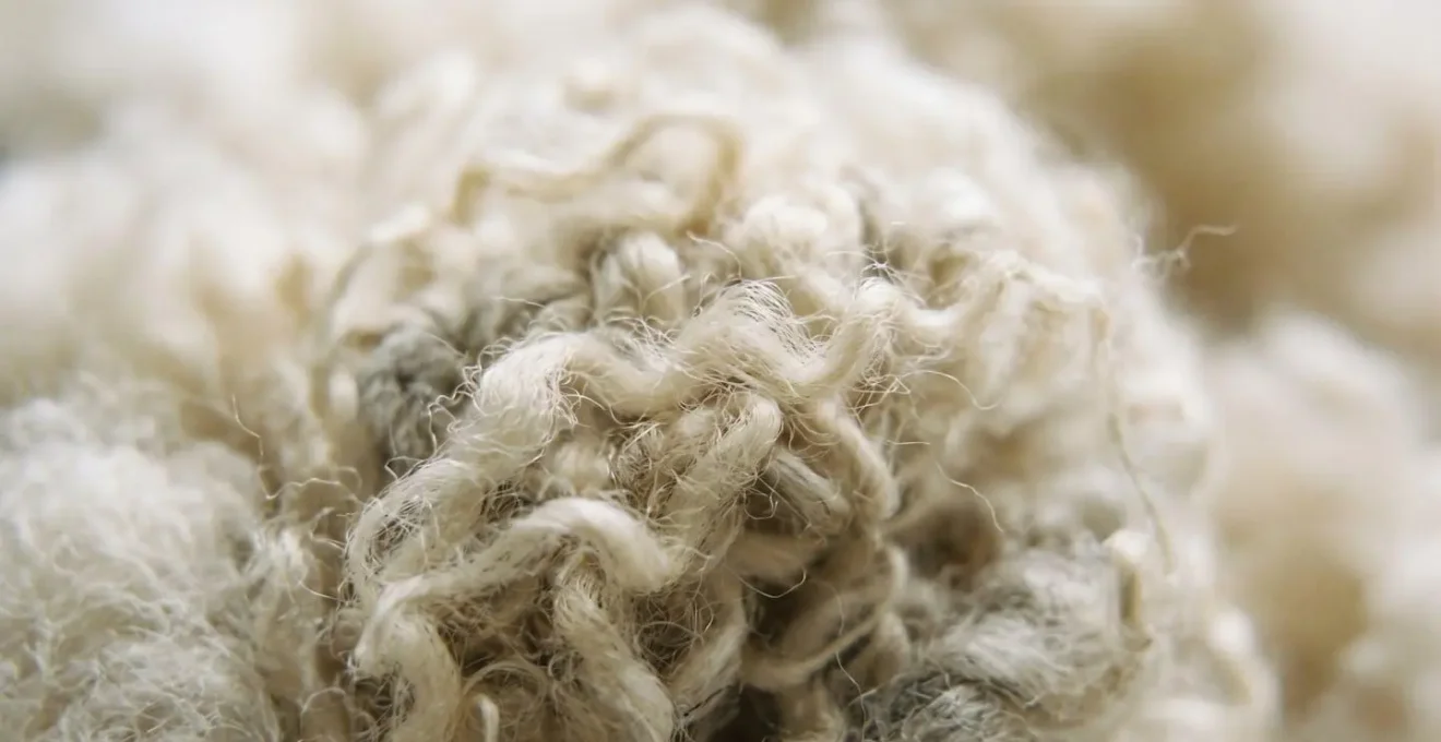 Extreme close-up of natural sheep's wool insulation fibers showing texture and moisture-wicking properties