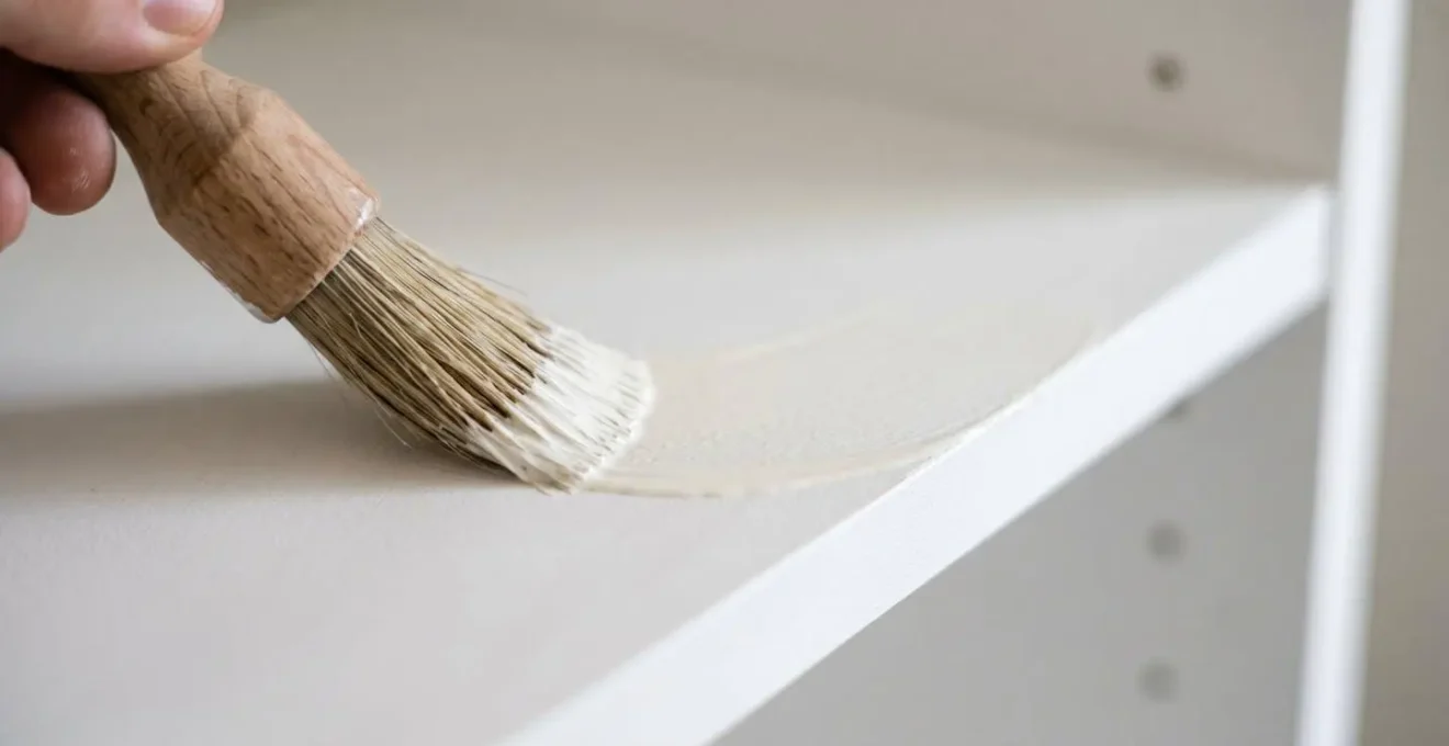 Close-up view of primer being applied to laminate furniture surface showing brush technique and texture detail