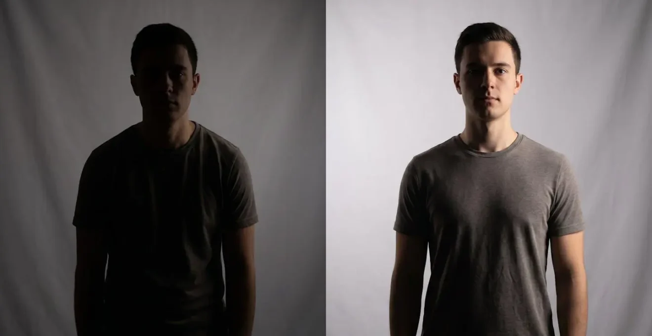 Symbolic composition showing contrasting postures representing poor and corrected shoulder alignment using shadow and light