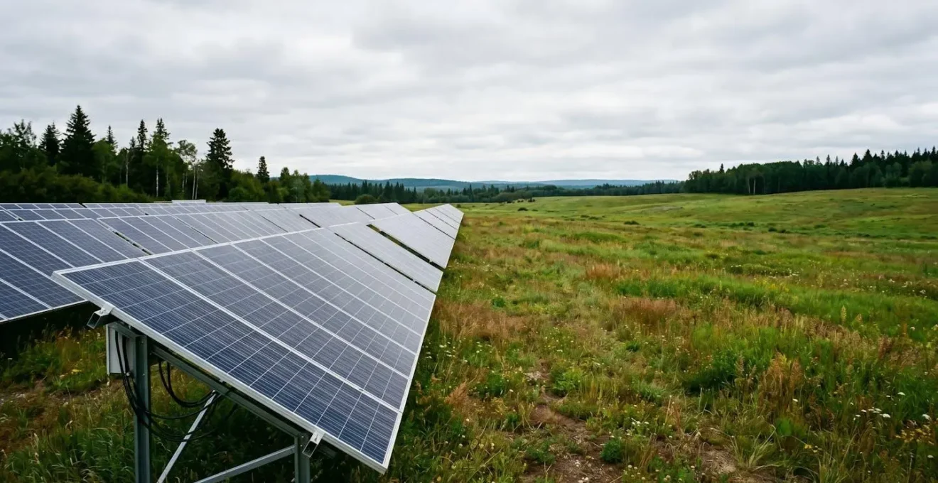 Solar panel array installed in open field generating clean renewable energy