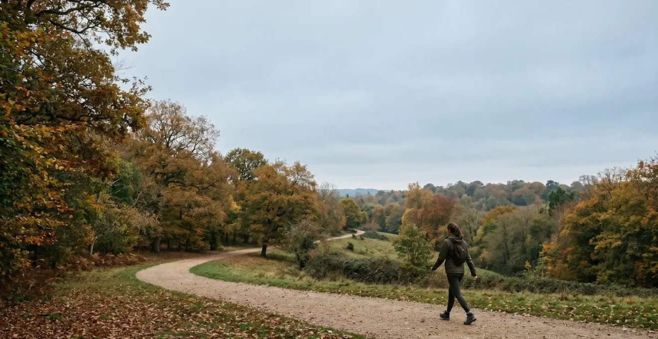Person walking briskly through scenic British park with autumn trees and natural landscape