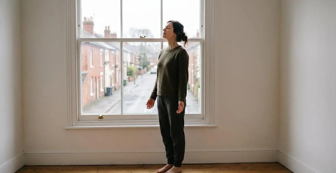 Wide environmental shot of UK remote worker taking mindful break in natural daylight for stress reduction
