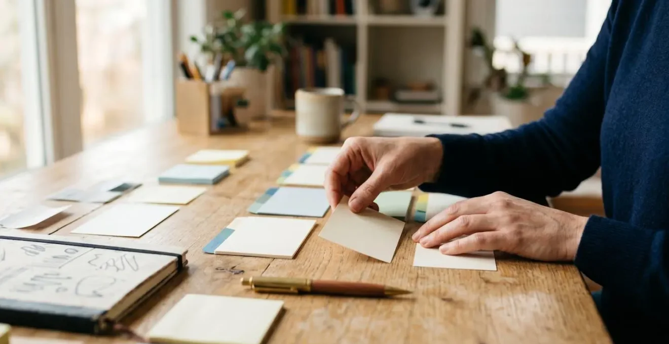 Person's hands creating workflow documentation with organized process notes and diagrams