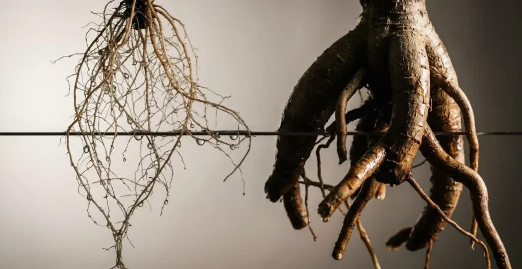 Shallow fibrous root system of herbs growing in vertical hydroponic tower Shallow fibrous root system of herbs growing in vertical hydroponic tower